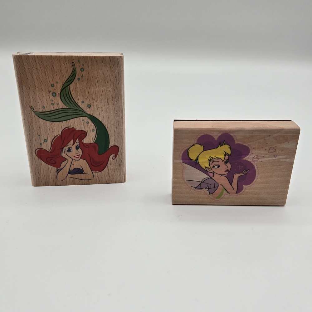 Bundle Of 2 Disney Wooden Rubber Stamps The Little Mermaid Ariel & Tinkerbell